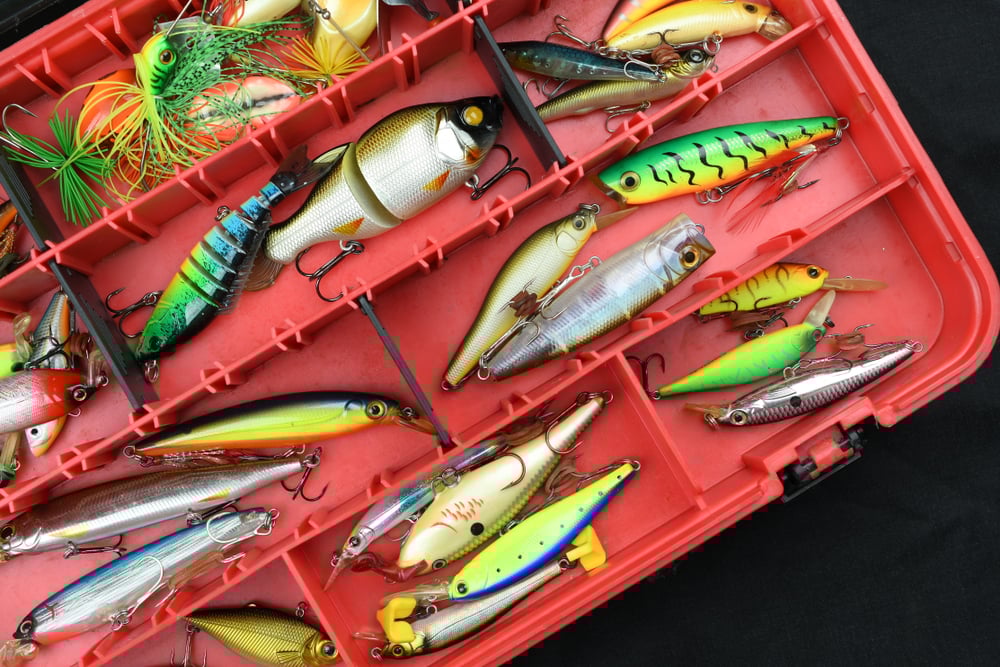 cheap fishing lures in a tackle box