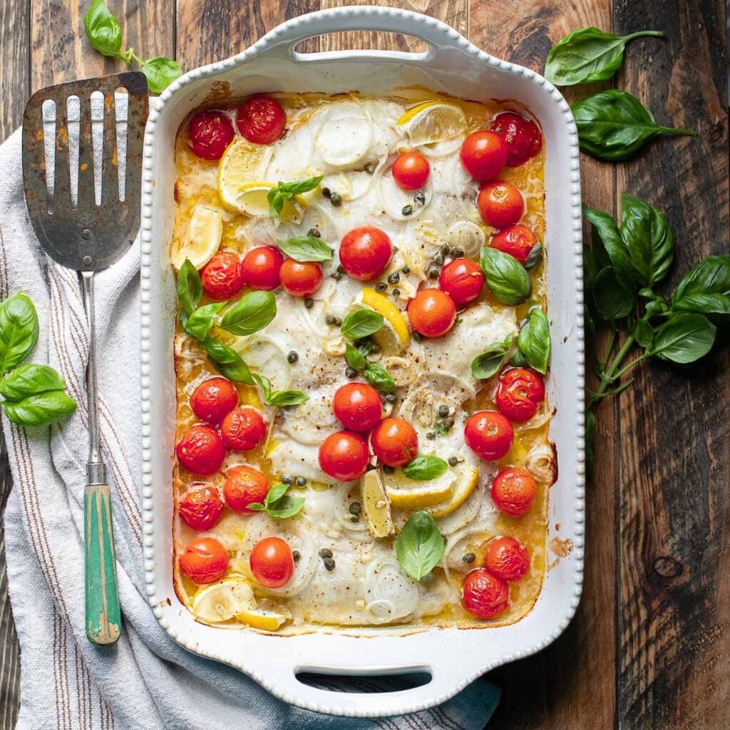 One Pan Baked Flounder with Lemon and Tomatoes