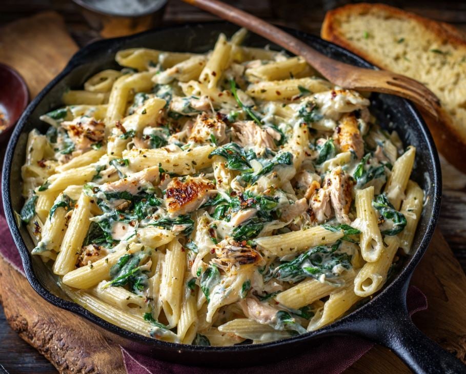 Smoked Mackerel Pasta with Creme Fraiche and Spinach