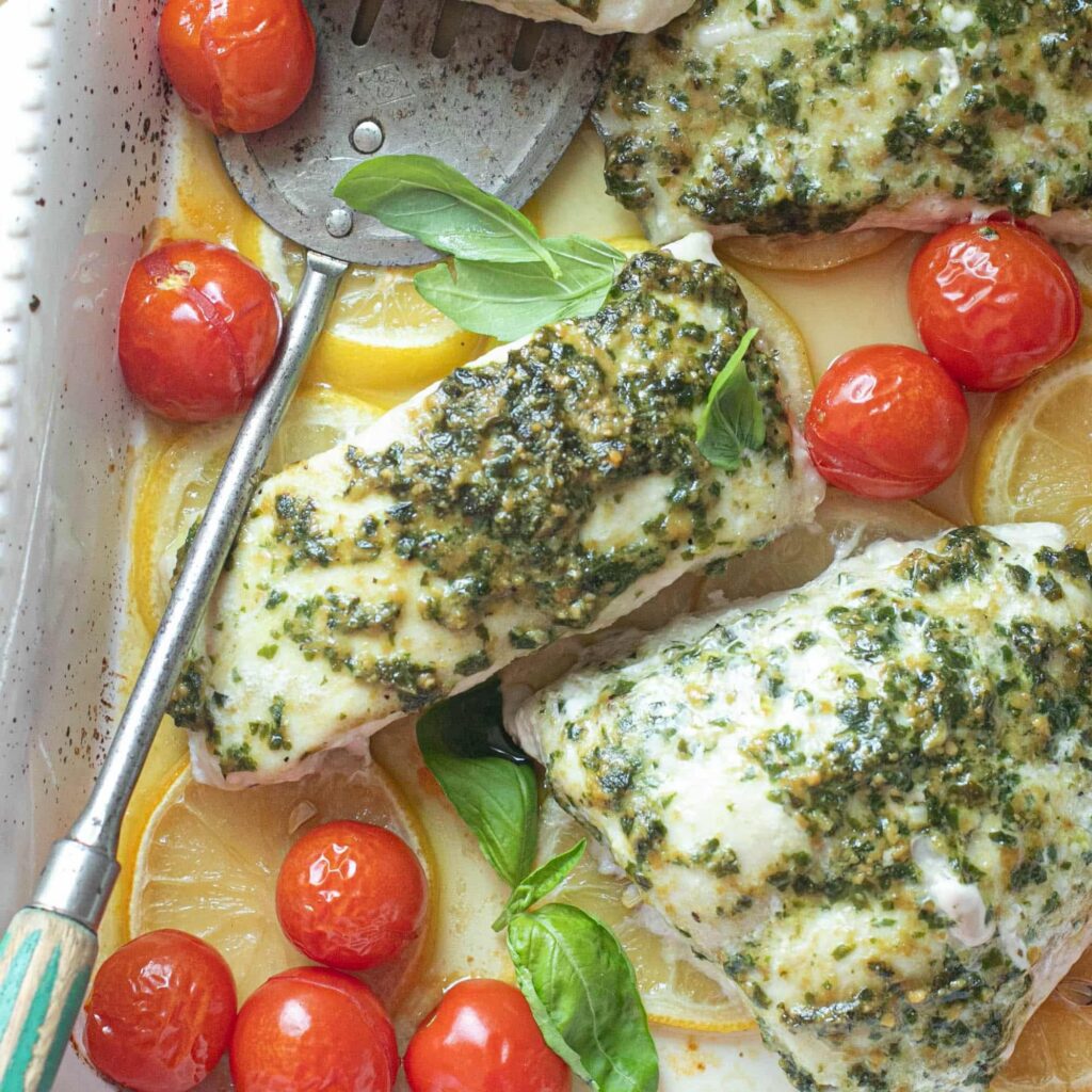 Baked Snapper with Pesto and Burst Tomatoes