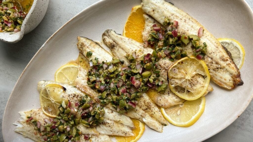 Branzino with Citrus Olive Salsa