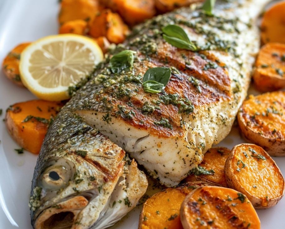 Grilled Barramundi with Lemon Herb Butter and Roasted Sweet Potatoes