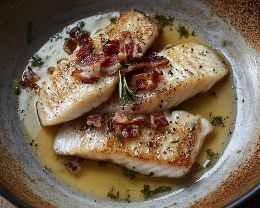 Pan-fried Whiting with Crispy Bacon and Butter Sauce