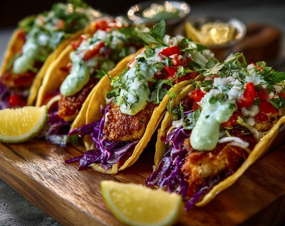 Pompano Fish Tacos with Avocado Crema