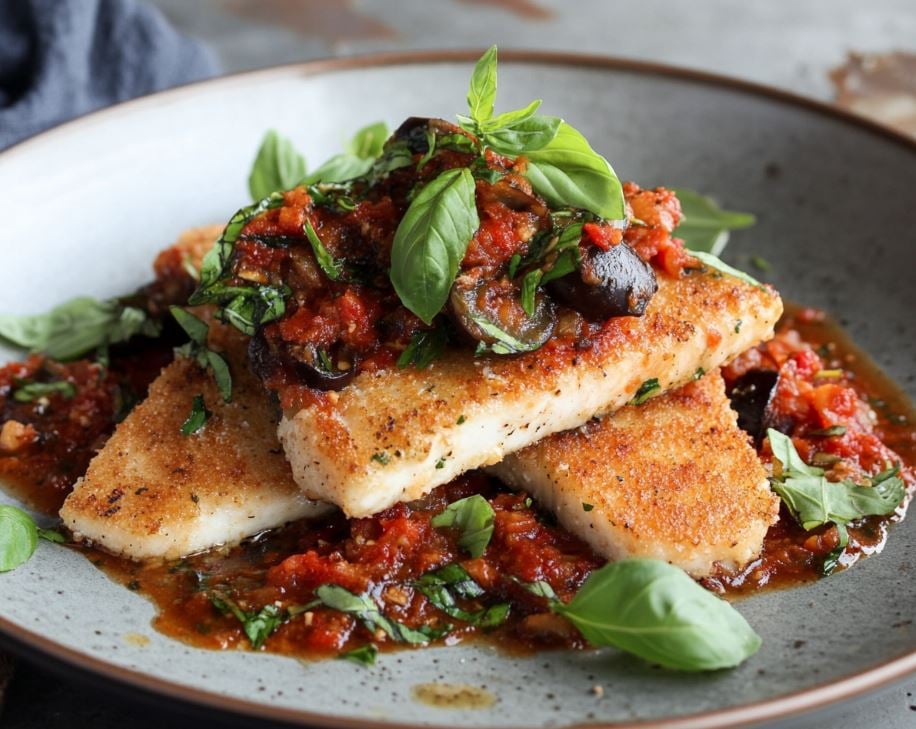 Swordfish Milanese with Eggplant Sauce