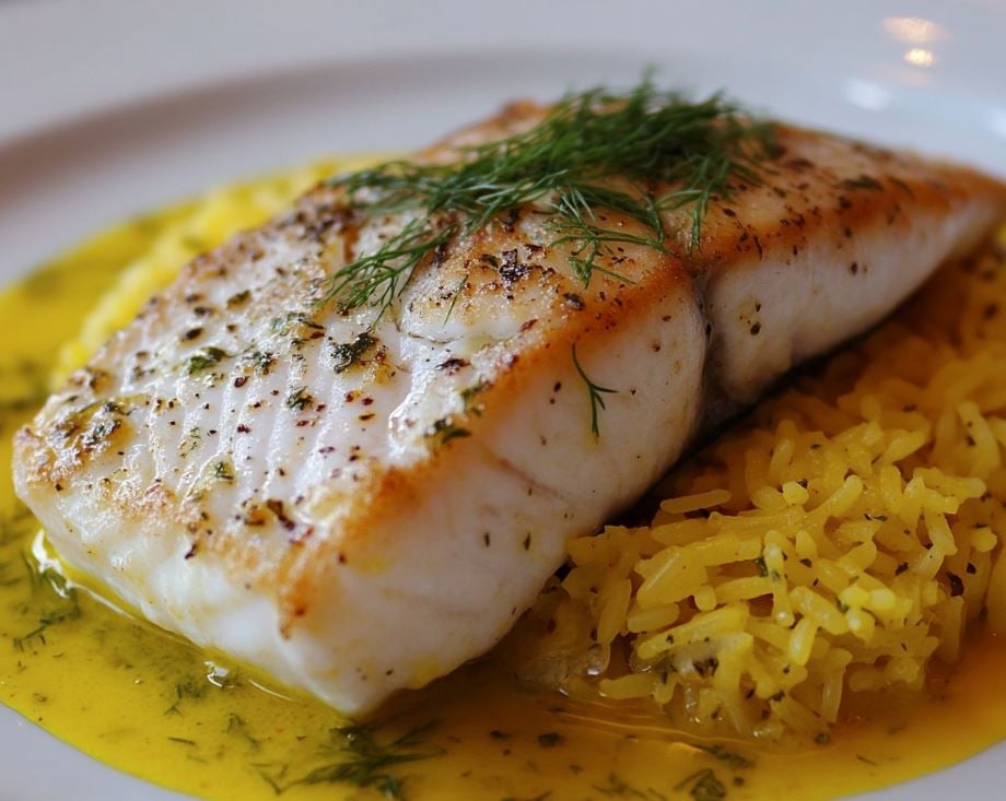 White Fish with Dill Sauce and Saffron Rice