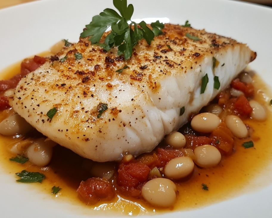 White Fish with Spicy Beans and Chorizo