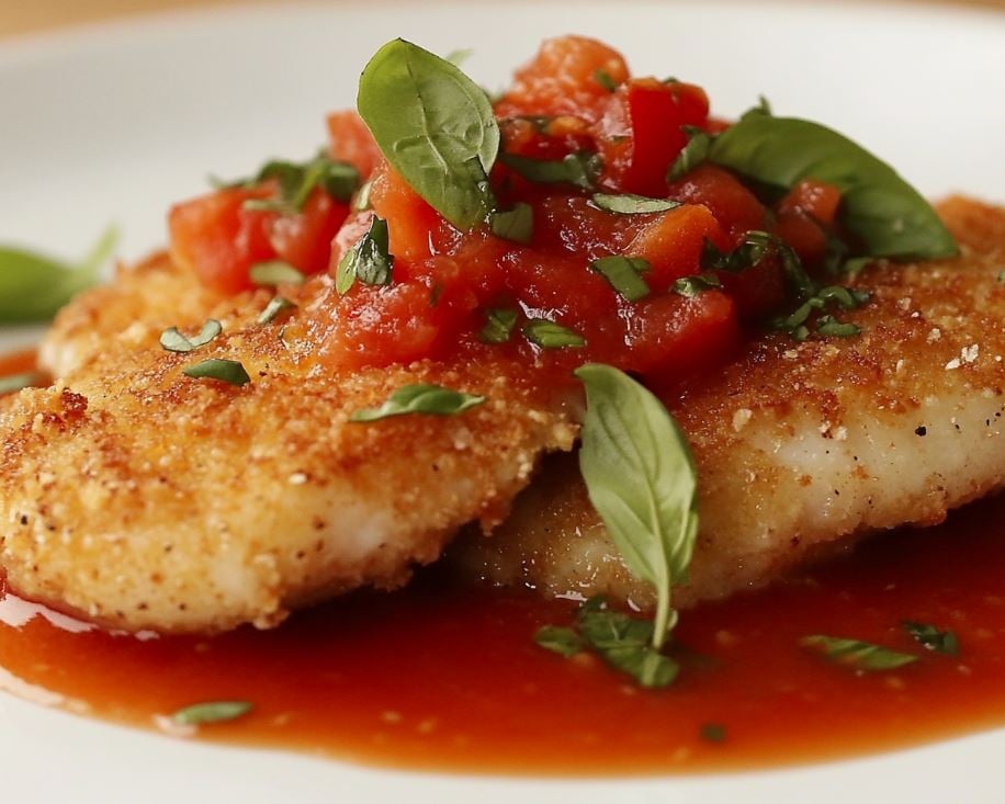 Breaded Basa with Tomato & Basil Sauce