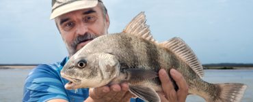 A fisherman is holding a fish black drum