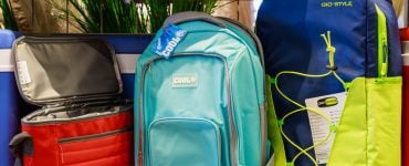 fishing cooler bags on display in a store